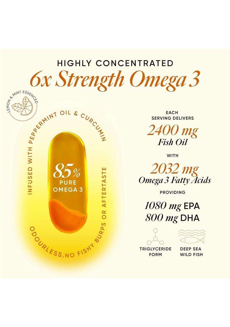 Wellbeing Nutrition Slow 6x Strength Omega 3 Fish Oil Capsules 2400mg | 2400mg with EPA 1080mg, DHA 800mg & Curcumin for Men & Women | No Fishy Burp - Indya