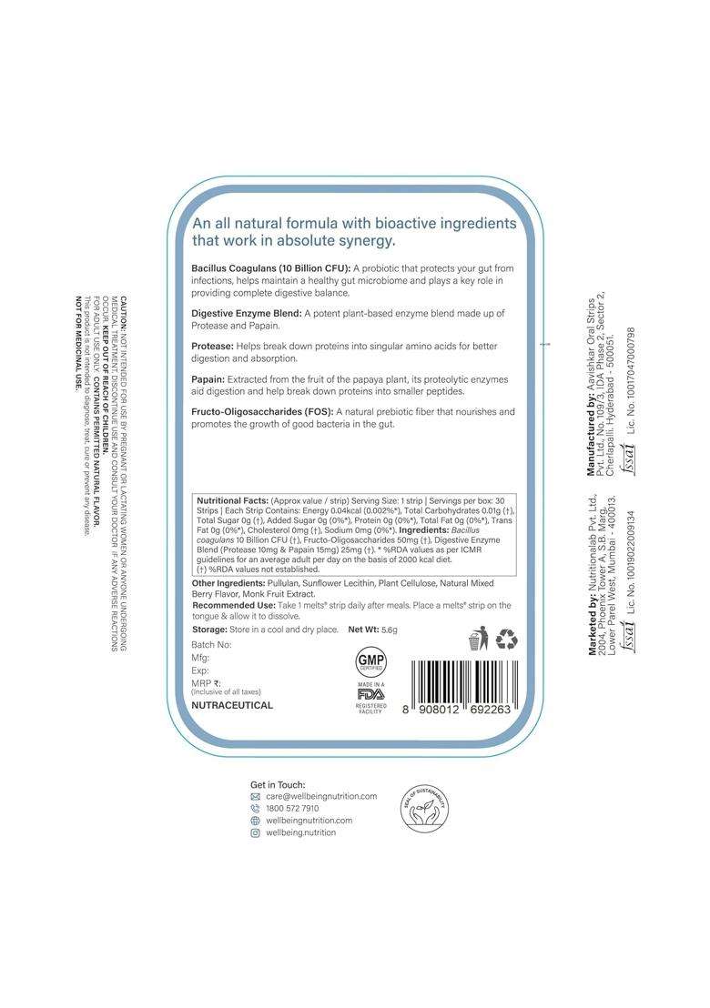 Wellbeing Nutrition Melts Healthy Gut | 10B CFU Probiotics, Digestive Enzymes, FOS - Indya
