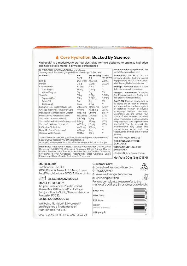 Wellbeing Nutrition HydraSalt Electrolyte Drink with Zero Added Sugar 90g (Pack of 15) - Indya