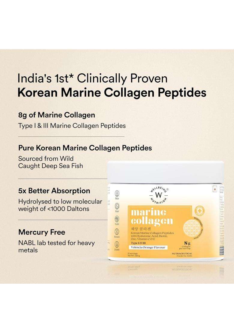Wellbeing Nutrition Pure Korean Marine Collagen Peptides Supplement for Skin, Hair, Nails & Joints 8 g | Clinically Proven - Indya