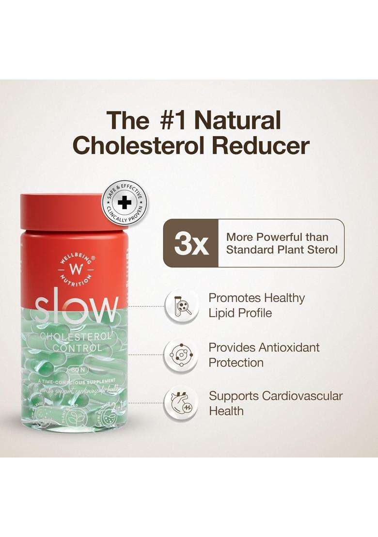 Wellbeing Nutrition Slow Cholesterol Control With Clinically Proven Corowise & Vegapure 60 Capsules | Plant Sterols | Triglycerides Support - Indya