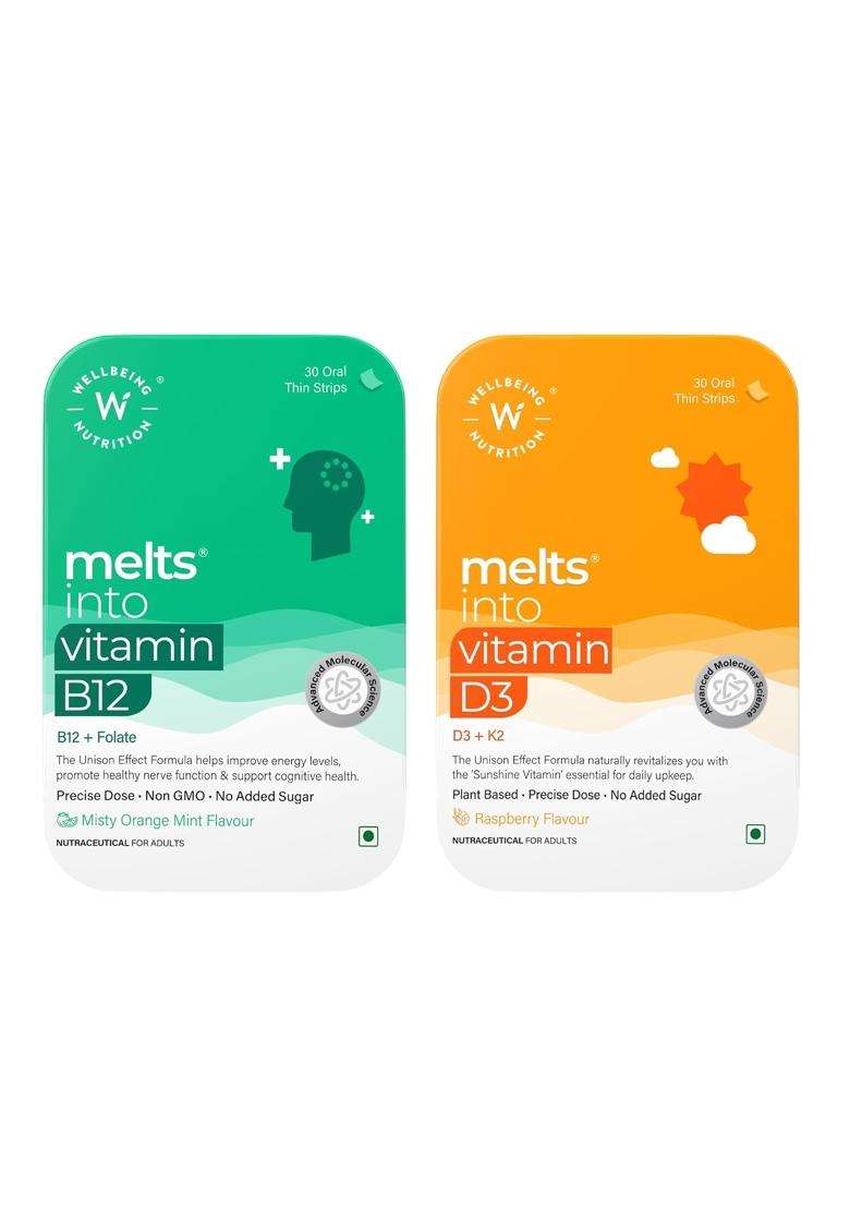 Wellbeing Nutrition Melts Vitamin D3 600 IU + K2 MK7 with Resveratrol & Vitamin A + Vegan Vitamin B12, Folate, Brahmi & Curcumin Bundle - Indya