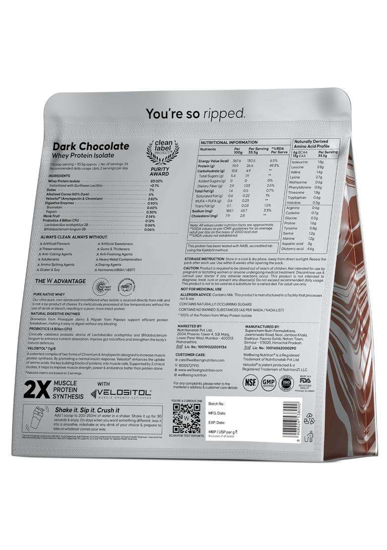 Wellbeing Nutrition Clean Whey Protein Isolate 2kg Dark Chocolate - Indya