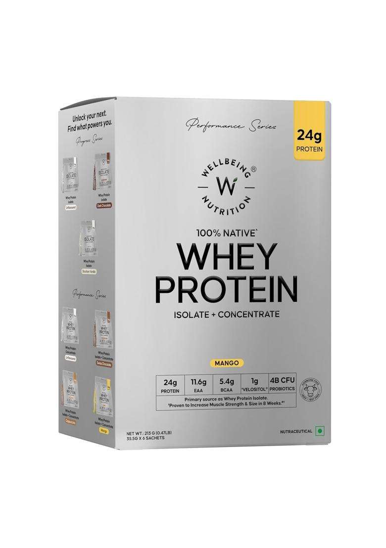 Wellbeing Nutrition Clean Whey Protein Isolate + Concentrate (Mango) Box of 6 Sachets | 24g Protein, 11.6g EAA, 5.4g Bcaa 213g - Indya