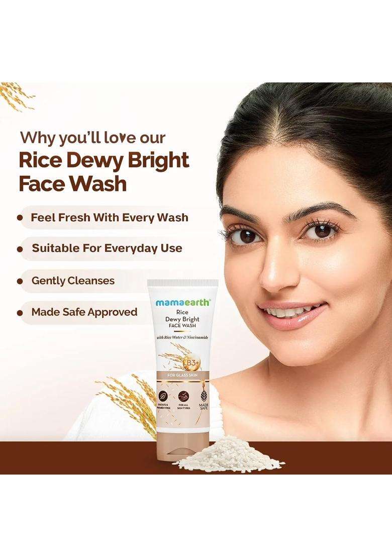Mamaearth Rice Dewy Bright Face Wash With Rice Water & Niacinamide for Glass Skin 100 ml | For Hydrated & Even skin Tone | Glowing & Brightening - Indya