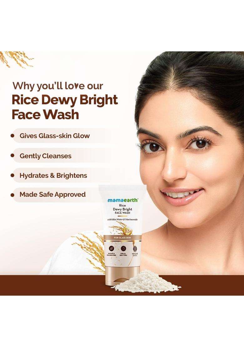 Mamaearth Rice Dewy Bright Face Wash With Rice Water & Niacinamide for Glass Skin 150 ml | For Hydrated & Even skin Tone | Glowing & Brightening - Indya