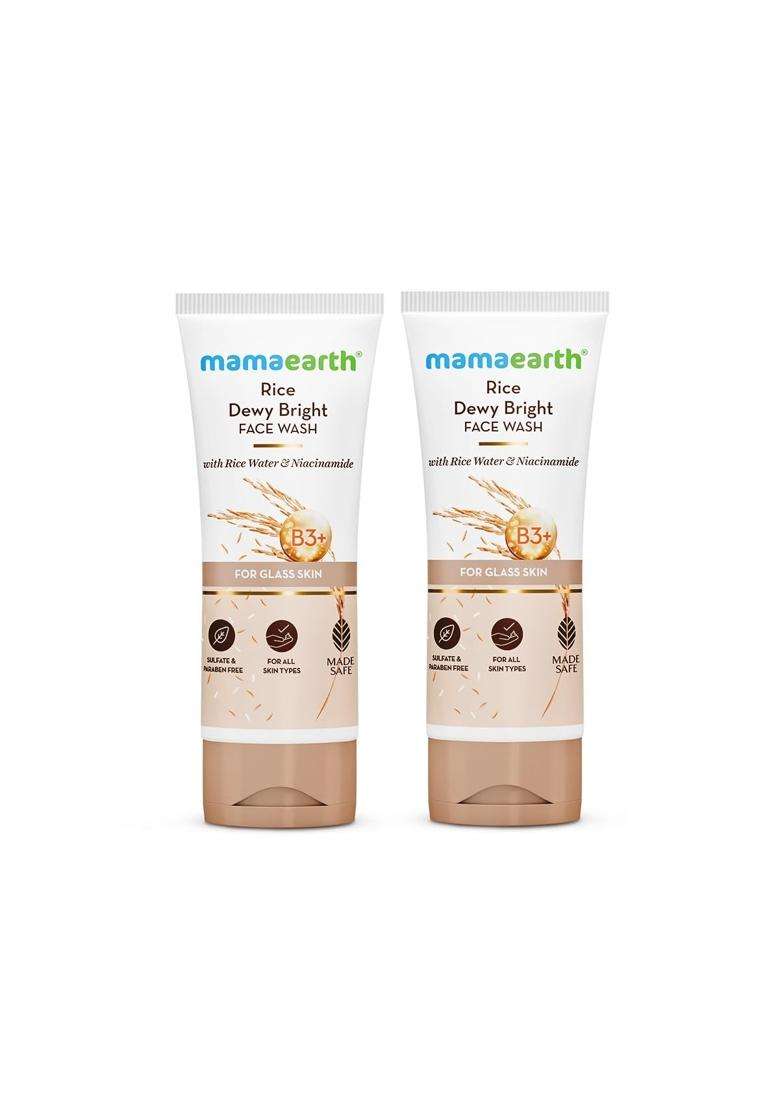 Mamaearth Rice Dewy Bright Face Wash With Rice Water & Niacinamide for Glass skin 100 ml x 2 | For Hydrated & Even Tone | Glowing & Brightening - Indya
