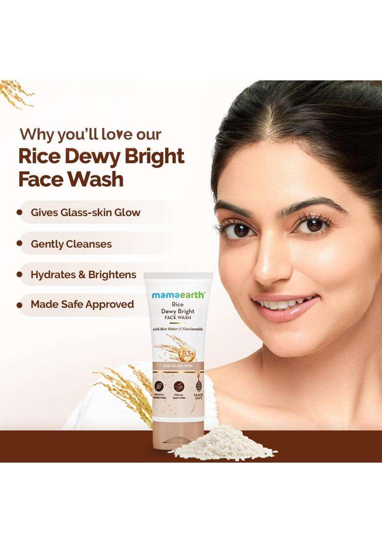 Mamaearth Rice Dewy Bright Face Wash With Rice Water & Niacinamide for Glass skin 100 ml x 2 | For Hydrated & Even Tone | Glowing & Brightening - Indya