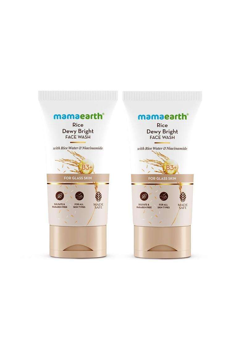 Mamaearth Rice Dewy Bright Face Wash With Rice Water & Niacinamide for Glass Skin 150 ml x 2 | For Hydrated & Even skin Tone | Glowing & Brightening - Indya