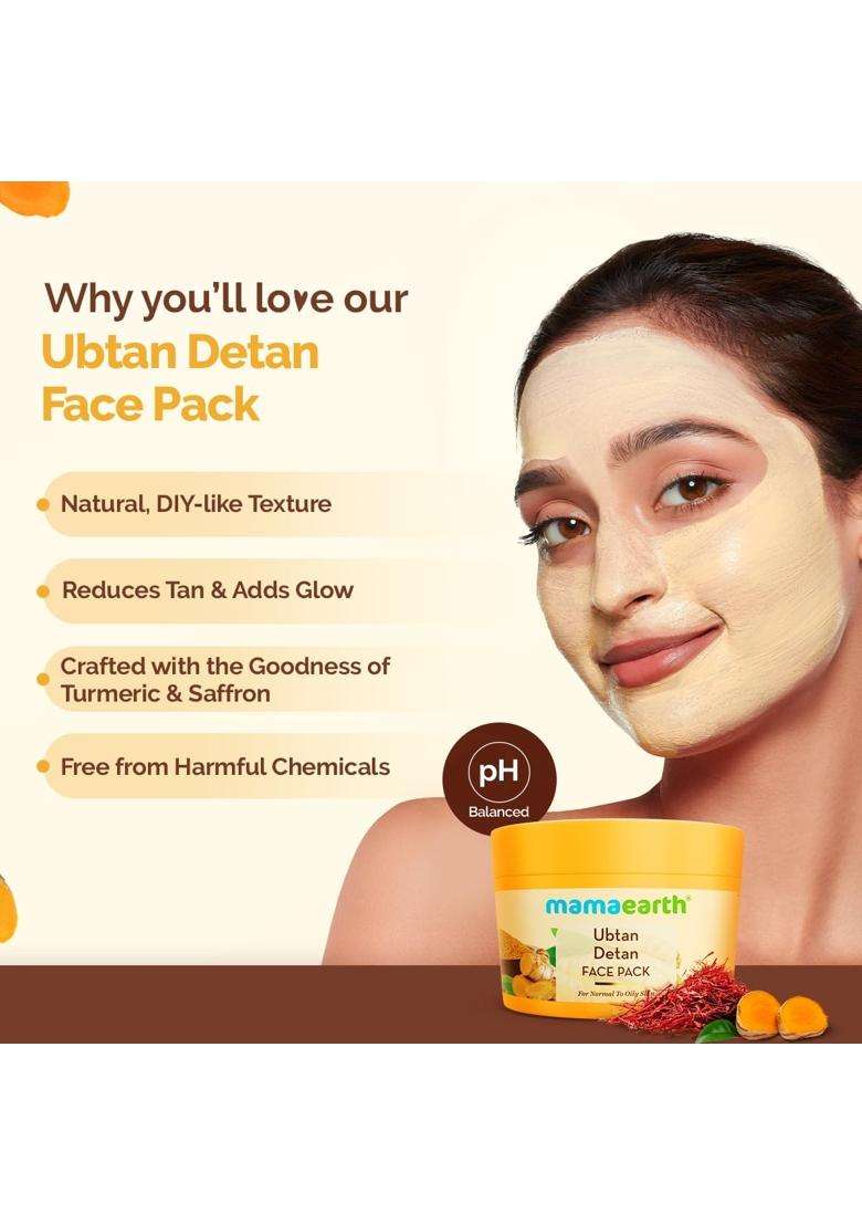 Mamaearth Ubtan Detan Face Pack with Turmeric & Saffron for Normal to Oily Skin 200 g | Natural, DIY-like Texture | Instantly Reduces Tan, Adds Glow - Indya