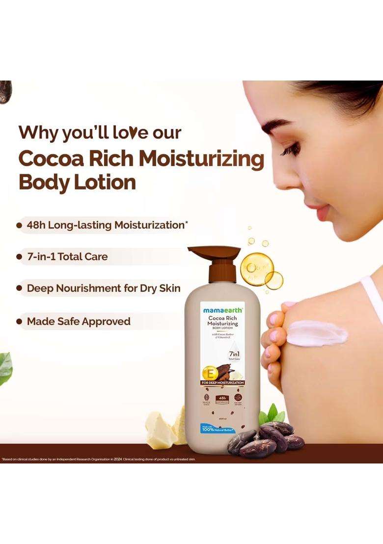Mamaearth Cocoa Rich Moisturizing Body Lotion with Cocoa Butter & VitaminE for Deep 48H Moisturization 400 ml For Very Dry Skin | 100% Natural Butter - Indya