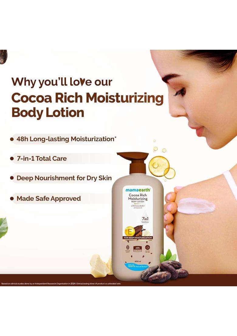 Mamaearth Cocoa Rich Moisturizing Body Lotion with Cocoa Butter & VitaminE for Deep 48H Moisturization 600 ml For Very Dry Skin | 100% Natural Butter - Indya