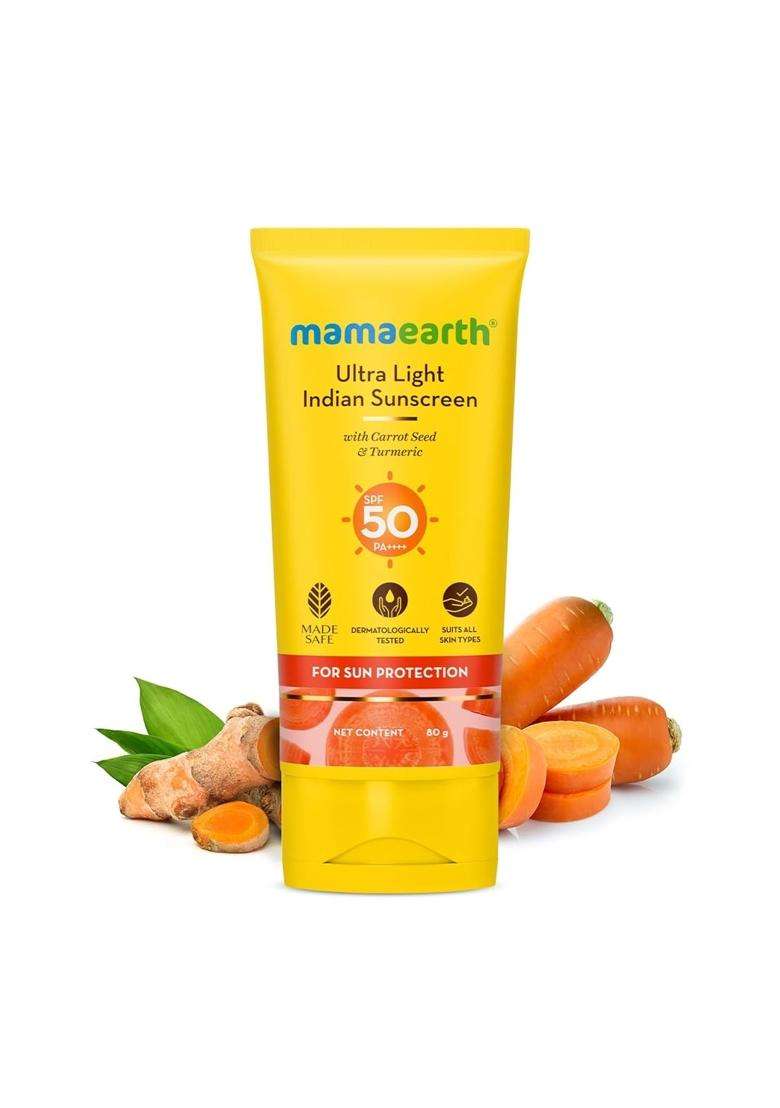 Mamaearth Ultra Light Sunscreen with Carrot Seed & Turmeric 80 g | SPF 50 PA ++++ | UVA & UVB Protection | Tan Protection | No White Cast - Indya