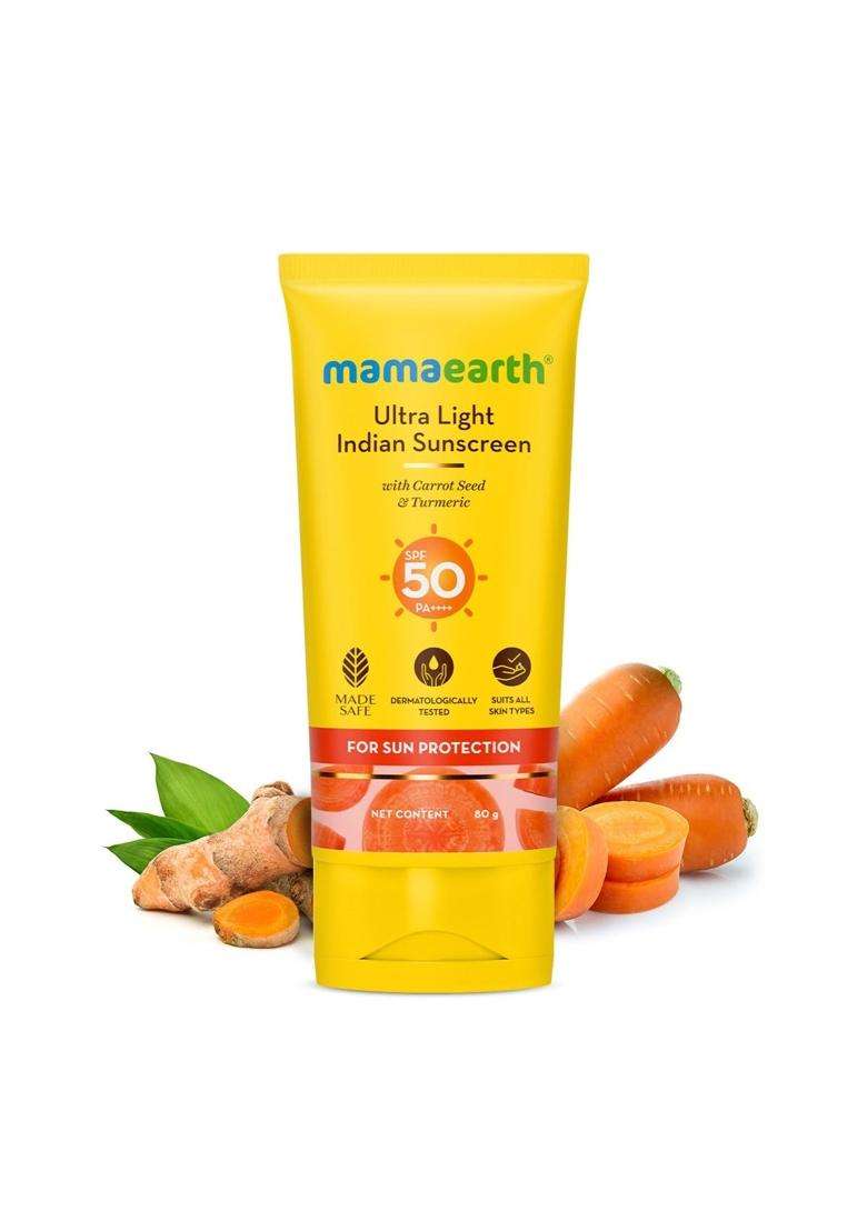 Mamaearth Ultra Light Sunscreen with Carrot Seed & Turmeric 80 g | SPF 50 PA ++++ | UVA & UVB Protection | Tan Protection | No White Cast - Indya