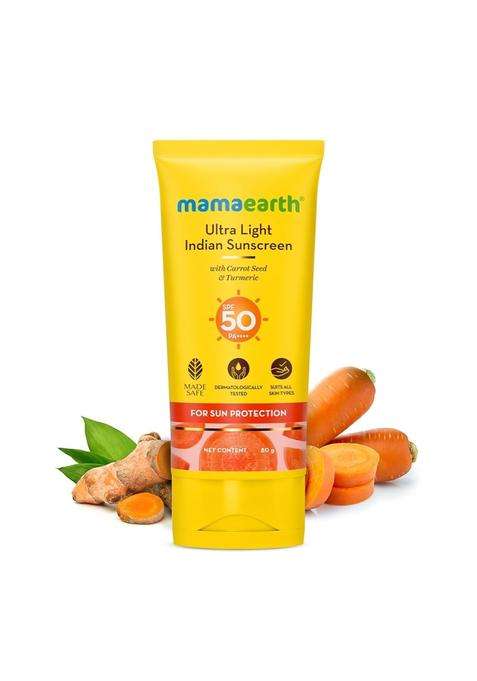 Mamaearth Ultra Light Sunscreen with Carrot Seed & Turmeric 80 g | SPF 50 PA ++++ | UVA & UVB Protection | Tan Protection | No White Cast