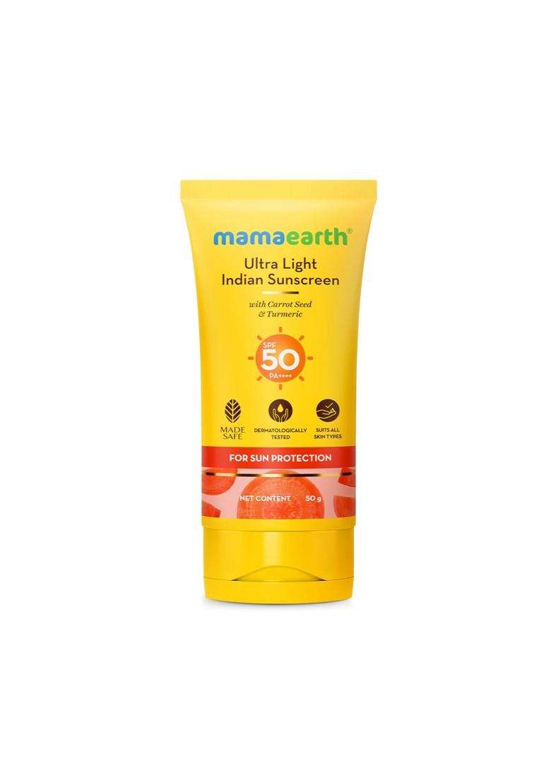 Mamaearth Ultra Light Sunscreen with Carrot Seed & Turmeric 50 g | SPF 50 PA ++++ | UVA & UVB Protection | Tan Protection | No White Cast - Indya