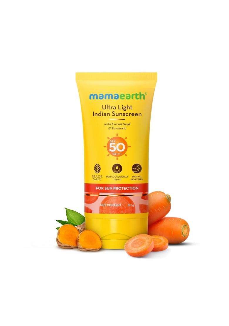 Mamaearth Ultra Light Sunscreen with Carrot Seed & Turmeric 50 g | SPF 50 PA ++++ | UVA & UVB Protection | Tan Protection | No White Cast - Indya