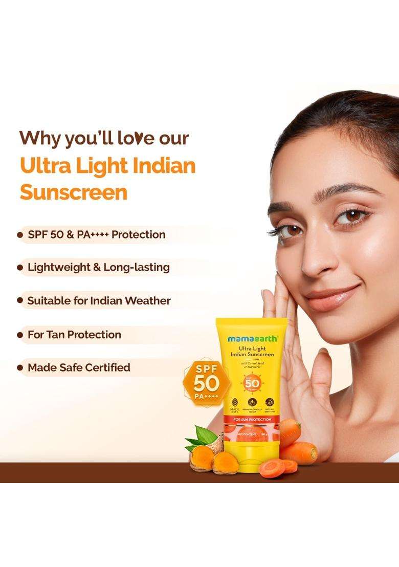 Mamaearth Ultra Light Sunscreen with Carrot Seed & Turmeric 50 g | SPF 50 PA ++++ | UVA & UVB Protection | Tan Protection | No White Cast - Indya