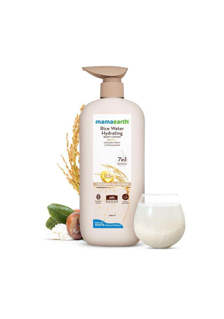 Mamaearth Rice Water Hydrating Body Lotion with Rice Water & Niacinamide for Dewy Glass Skin 400 ml | 48 Hrs Moisturizating & Nourishing - Indya