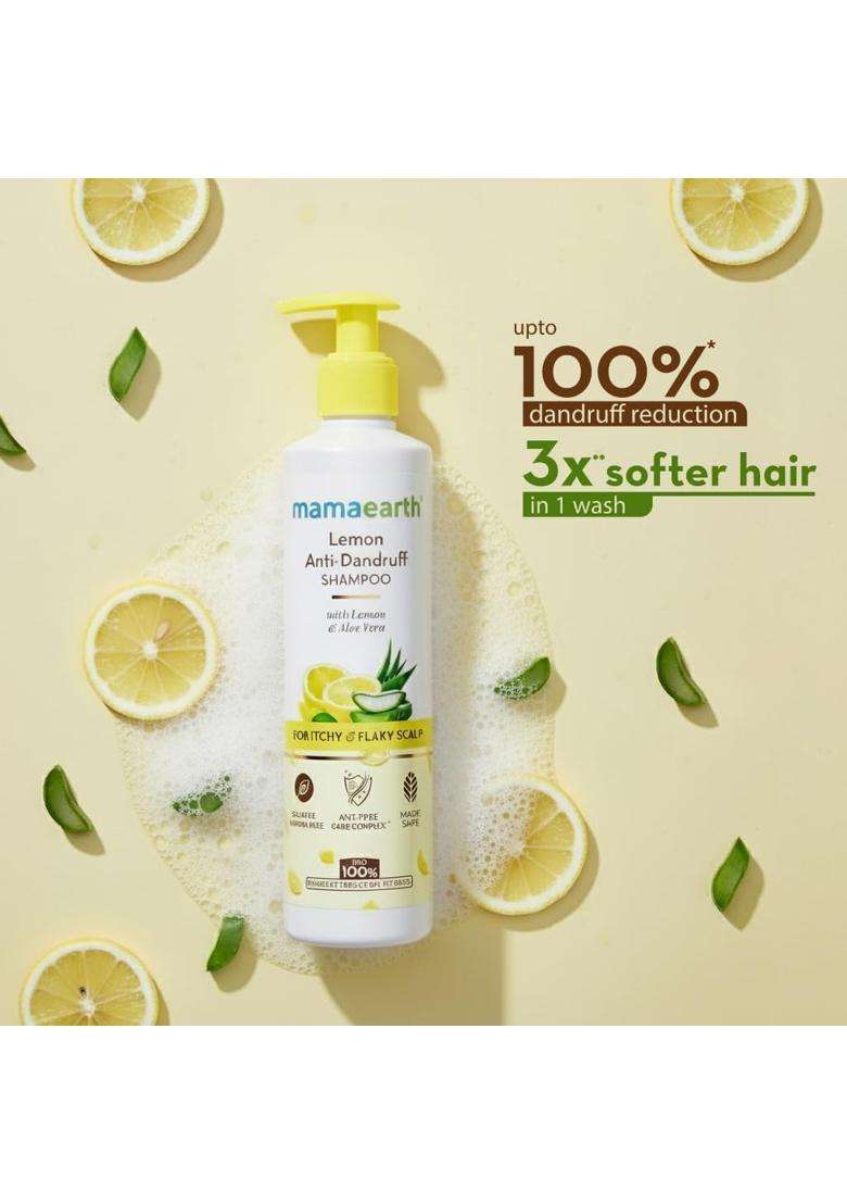 Mamaearth Lemon Anti-Dandruff Shampoo with Lemon, Zpto, Climbazole, Aloe Vera for Itchy & Flaky Scalp 250 ml | Soothes Scalp | Reduces Frizz - Indya
