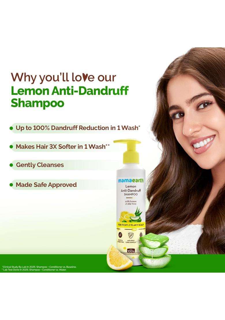 Mamaearth Lemon Anti-Dandruff Shampoo with Lemon, Zpto, Climbazole, Aloe Vera for Itchy & Flaky Scalp 250 ml | Soothes Scalp | Reduces Frizz - Indya