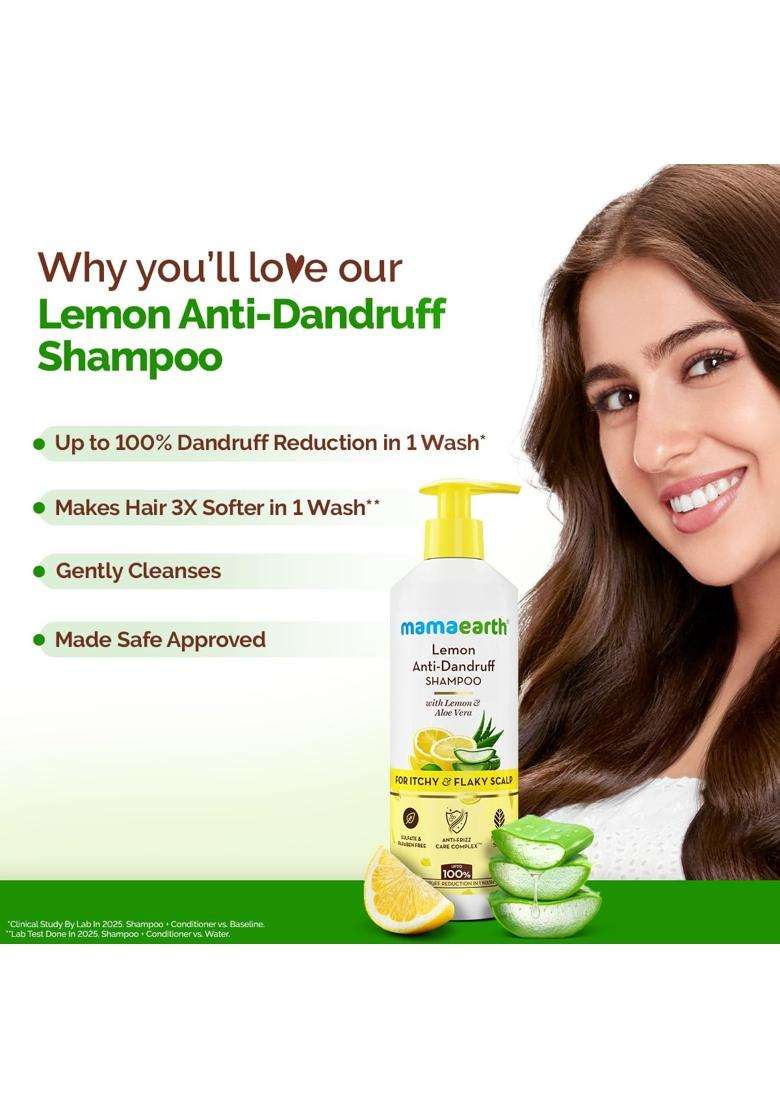 Mamaearth Lemon Anti-Dandruff Shampoo with Lemon, Zpto, Climbazole, Aloe Vera for Itchy & Flaky Scalp 400 ml | Soothes Scalp | Reduces Frizz - Indya