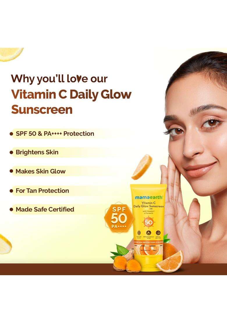 Mamaearth Vitamin C Daily Glow Sunscreen with Vitamin C & Turmeric 50 g | For Sun Protection, Tan Protection & Glow | SPF 50 & PA++++ Protection - Indya