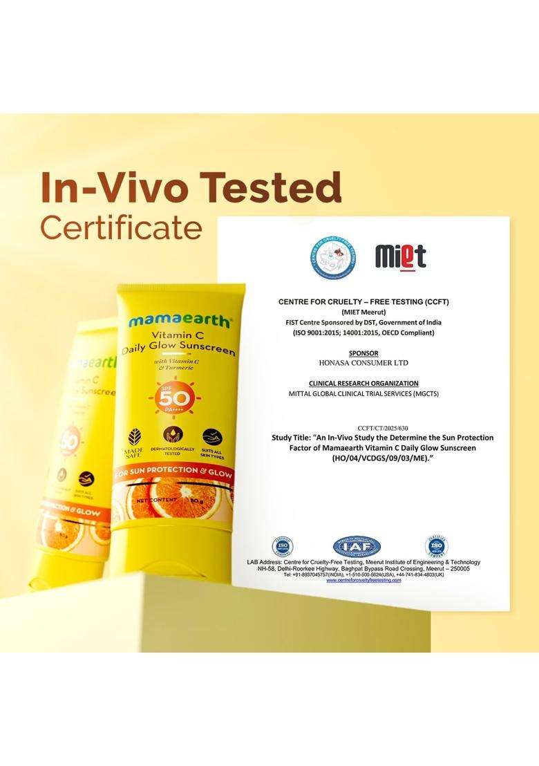 Mamaearth Vitamin C Daily Glow Sunscreen with Vitamin C & Turmeric 80 g | For Sun Protection, Tan Protection & Glow | SPF 50 & PA++++ Protection - Indya