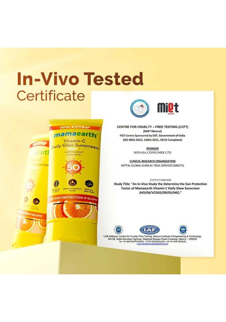 Mamaearth Vitamin C Daily Glow Sunscreen with Vitamin C & Turmeric 34.5 g | For Sun Protection, Tan Protection & Glow | SPF 50 & PA++++ Protection - Indya