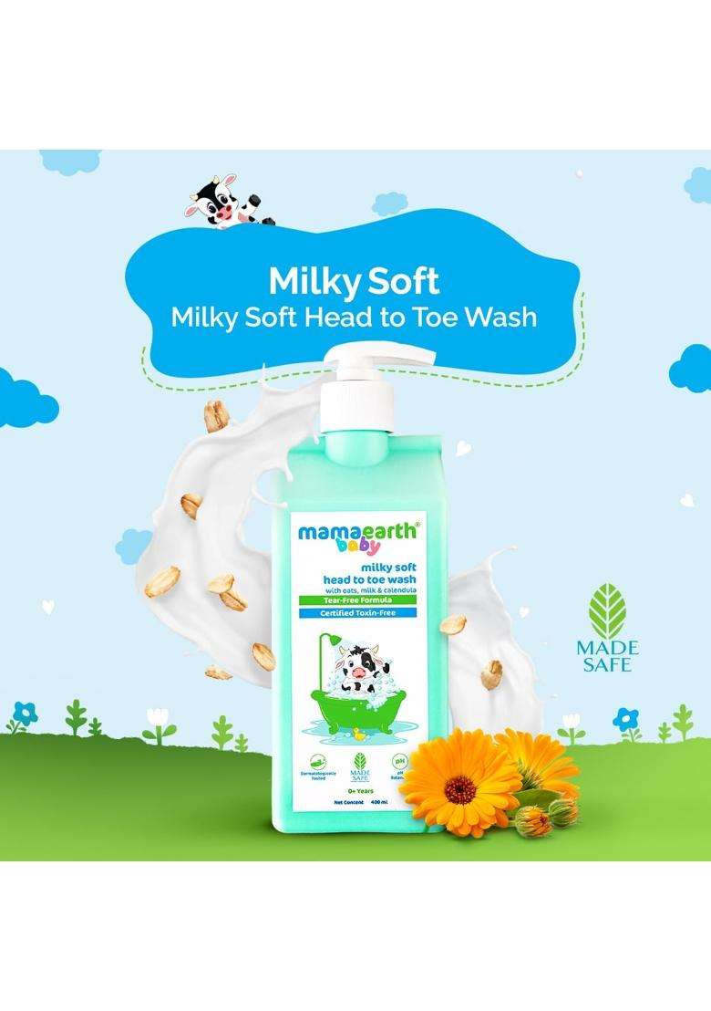 Mamaearth Milky Soft Head to Toe Wash With Oats, Milk, and Calendula for Babies 400 ml x 2 | 2-in-1 Tear-Free Body Wash & Shampoo - Indya