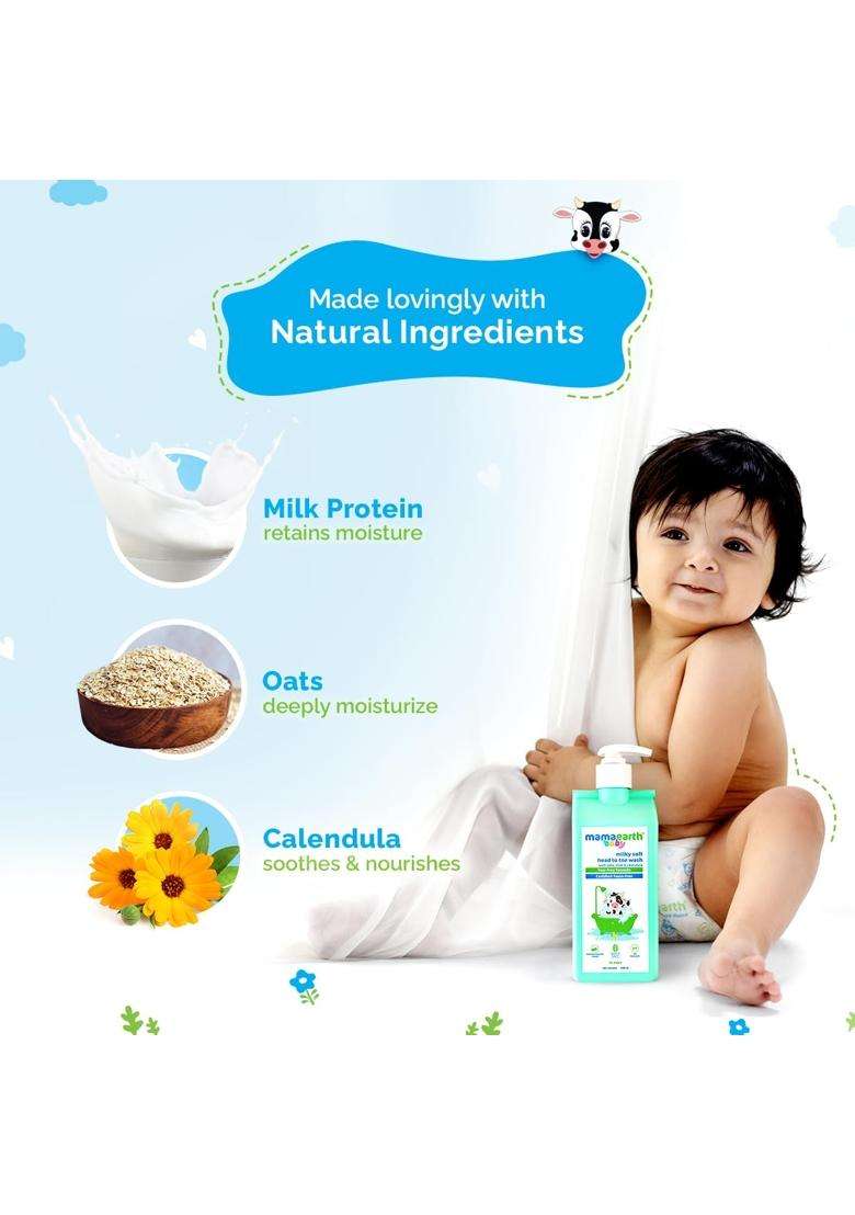 Mamaearth Milky Soft Head to Toe Wash With Oats, Milk, and Calendula for Babies 400 ml x 2 | 2-in-1 Tear-Free Body Wash & Shampoo - Indya