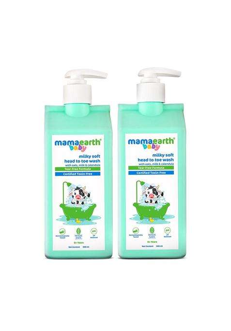 Mamaearth Milky Soft Head to Toe Wash With Oats, Milk, and Calendula for Babies 400 ml x 2 | 2-in-1 Tear-Free Body Wash & Shampoo