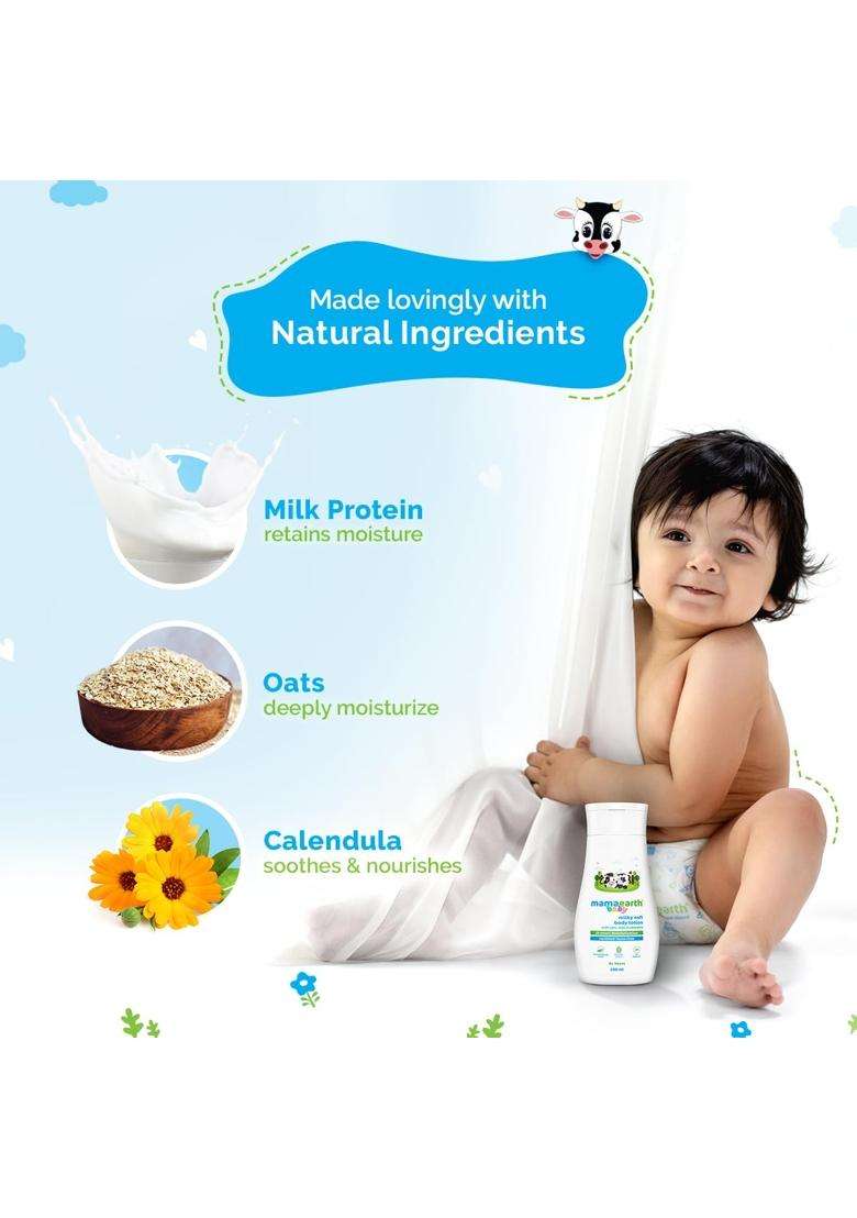 Mamaearth Milky Soft Body Lotion for Babies with Oats, Milk & Calendula 200 ml | Deeply Nourishes Skin | 24-Hour Moisturization | Travel-friendly Pack - Indya
