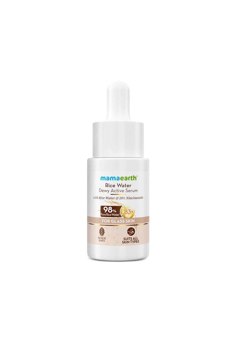 Mamaearth Rice Water Dewy Active Serum with 10% Niacinamide, Rice Water & Hyaluronic Acid 10 ml | For Glass Skin | Gives Dewy Finish | Brightens Skin - Indya