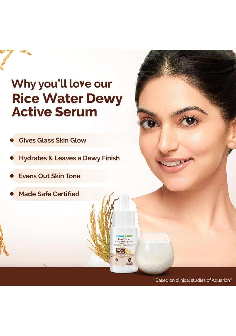 Mamaearth Rice Water Dewy Active Serum with 10% Niacinamide, Rice Water & Hyaluronic Acid 10 ml | For Glass Skin | Gives Dewy Finish | Brightens Skin - Indya