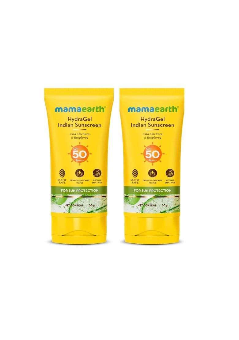 Mamaearth Hydragel Sunscreen With Aloe Vera And Raspberry For Sun Protection 50 g X 2 | SPF 50 & PA++++ Protection | Shields From UVA & UVB Rays - Indya