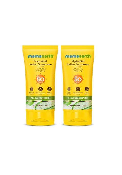 Mamaearth Hydragel Sunscreen With Aloe Vera And Raspberry For Sun Protection 50 g X 2 | SPF 50 & PA++++ Protection | Shields From UVA & UVB Rays
