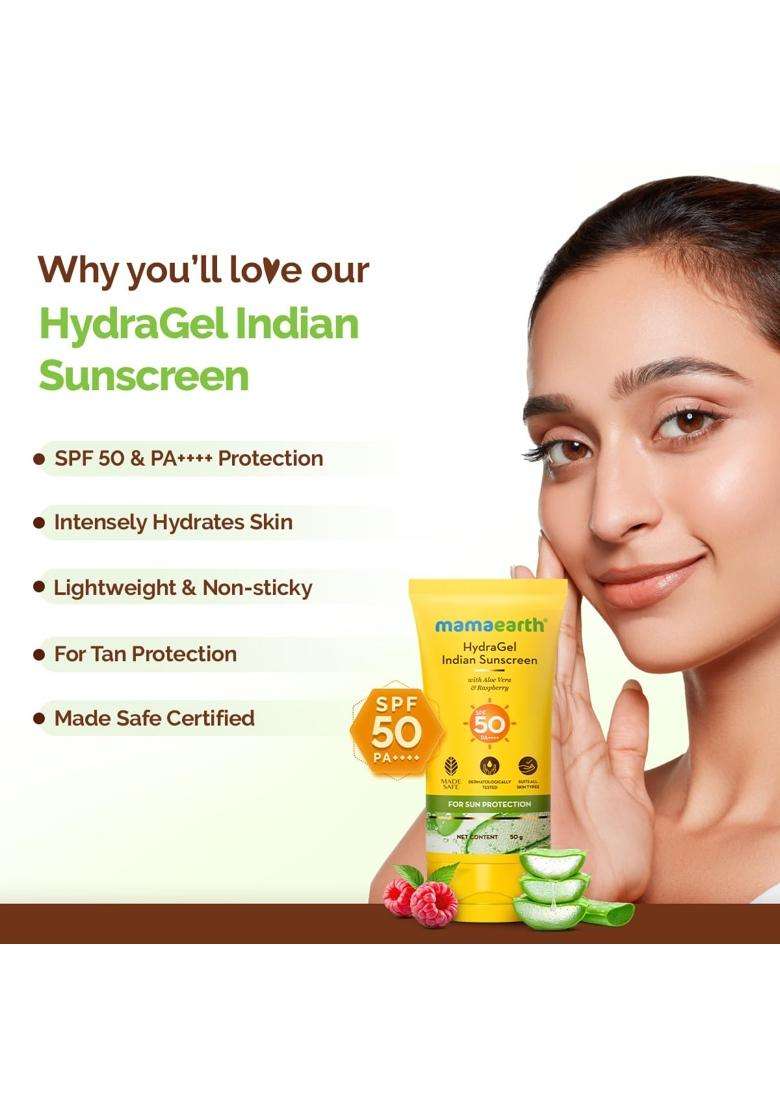 Mamaearth HydraGel Sunscreen with Aloe Vera and Raspberry for Sun Protection 50 g | SPF 50 & PA++++ Protection | Shields from UVA & UVB Rays - Indya