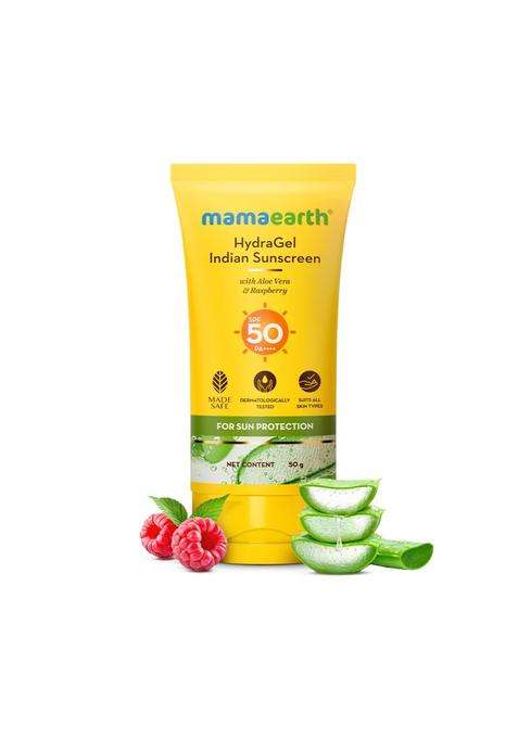 Mamaearth HydraGel Sunscreen with Aloe Vera and Raspberry for Sun Protection 50 g | SPF 50 & PA++++ Protection | Shields from UVA & UVB Rays