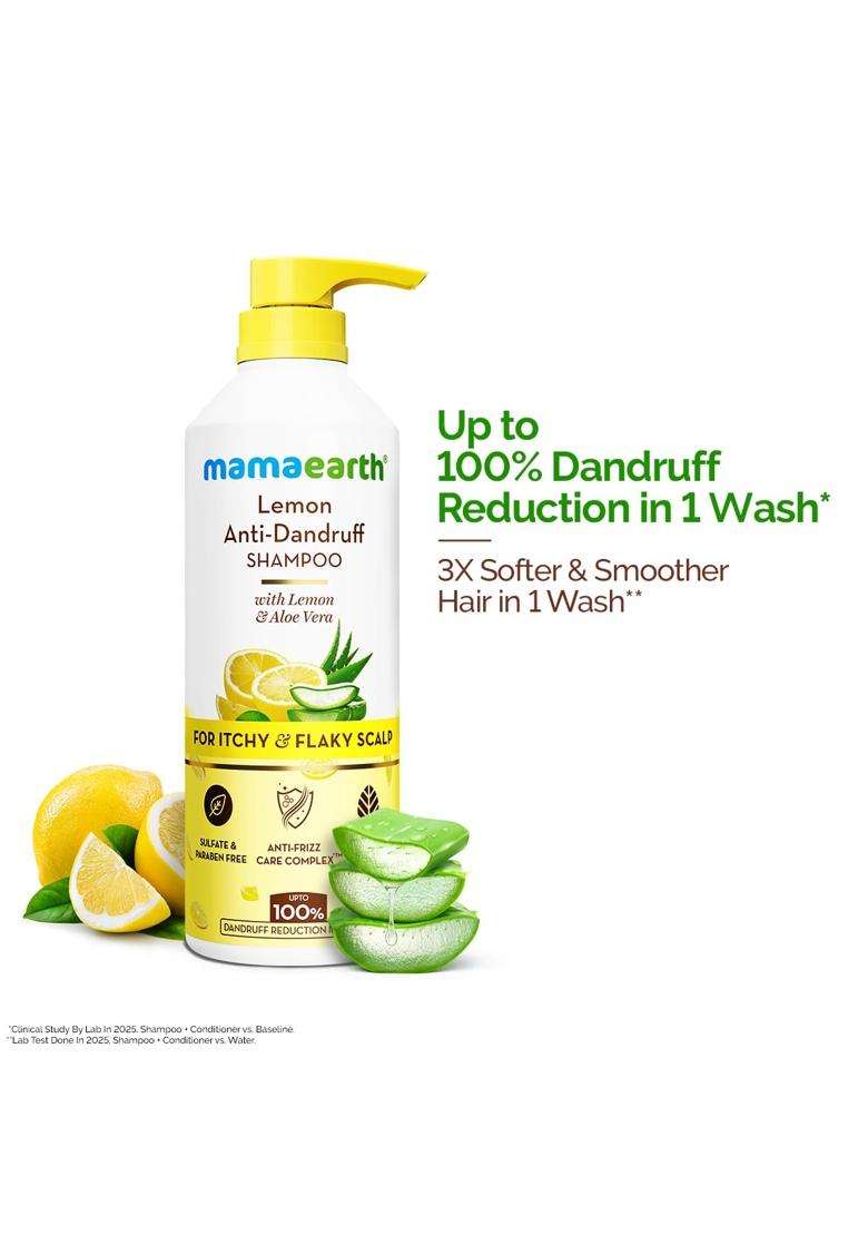 Mamaearth Lemon Anti-Dandruff Shampoo with Lemon, Zpto, Climbazole, Aloe Vera for Itchy & Flaky Scalp 600 ml | Soothes Scalp | Reduces Frizz - Indya