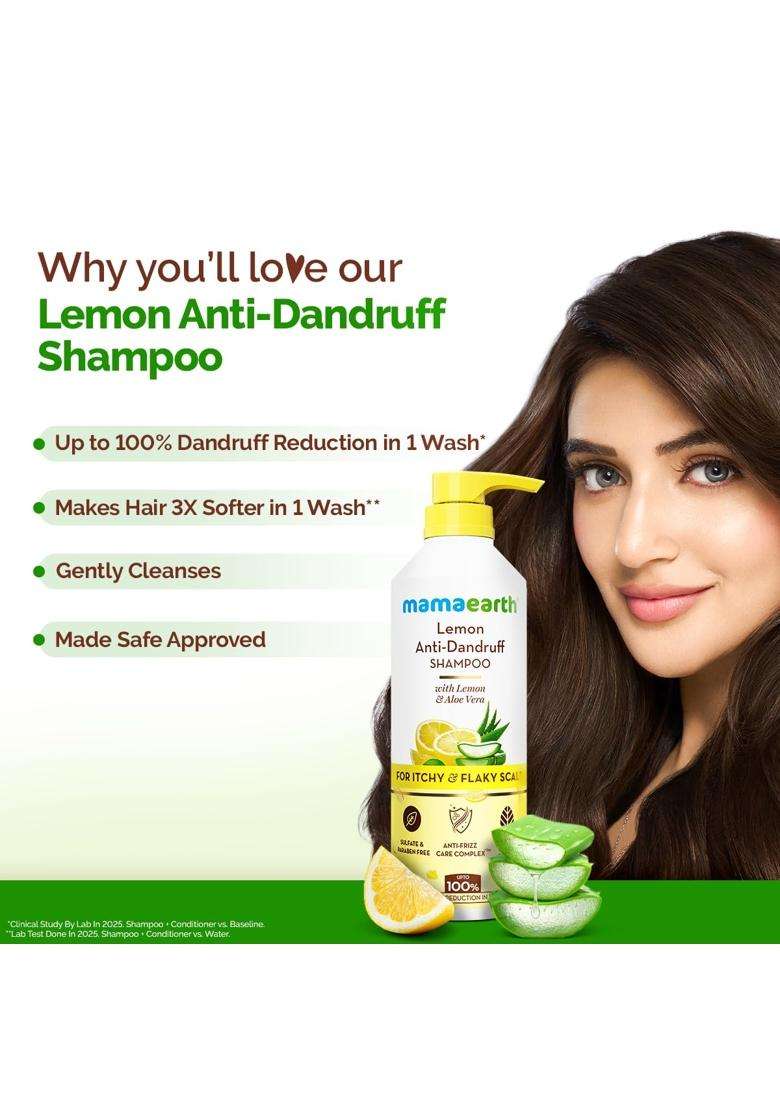 Mamaearth Lemon Anti-Dandruff Shampoo with Lemon, Zpto, Climbazole, Aloe Vera for Itchy & Flaky Scalp 600 ml | Soothes Scalp | Reduces Frizz - Indya