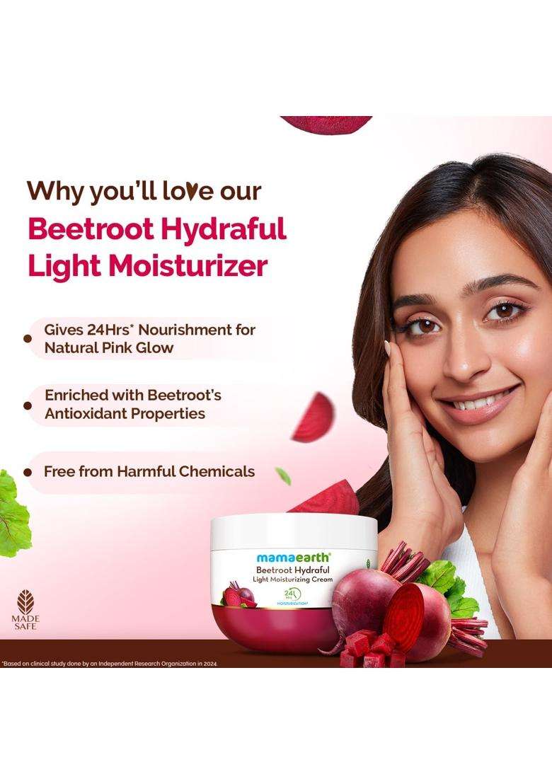 Mamaearth Beetroot Hydraful Light Moisturizing Cream with Beetroot & Hyaluronic Acid 200 g | For Hydrated Pink Glow | For Face, Hand & Body - Indya