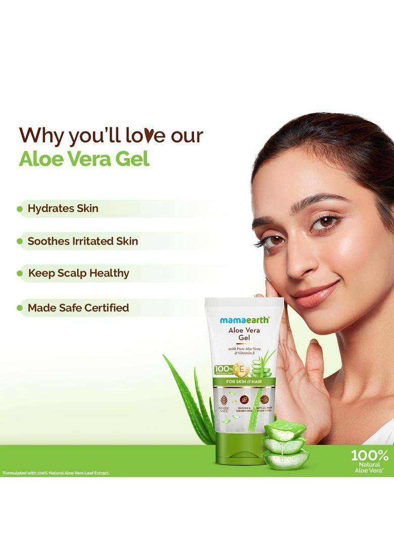 Mamaearth Aloe Vera Gel with 100% Pure & Natural Aloe Vera & Vitamin E for Skin & Hair 150 ml | Hydrates, Moisturizes skin | Soothes Irritated Skin - Indya
