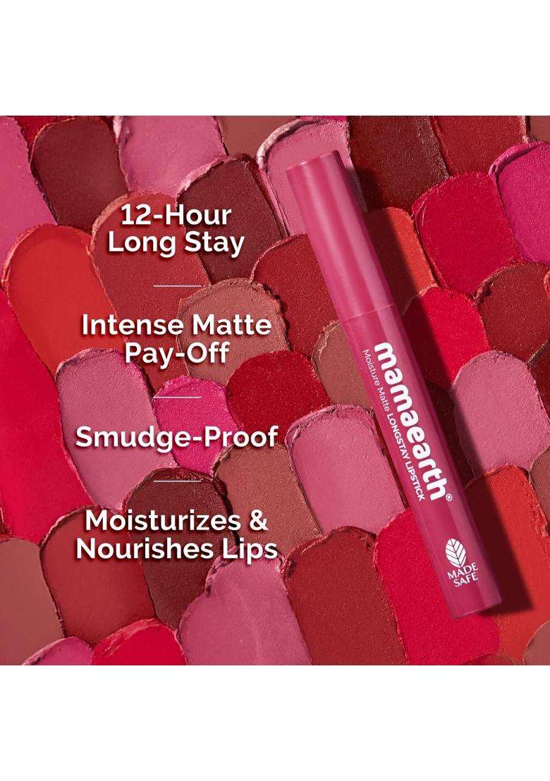 Mamaearth Moisture Matte Longstay Lipstick With Avocado Oil & Vitamin E For 12 Hour Long Stay-03 Candyfloss Pink 2 g - Indya