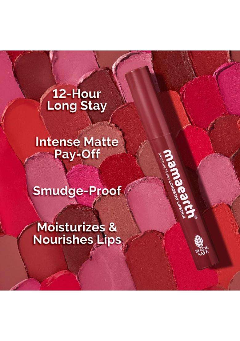 Mamaearth Moisture Matte Longstay Lipstick with Avocado Oil & Vitamin E for 12 Hour Long Stay-20 Red Caramel 2 g - Indya