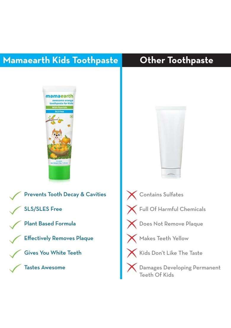 Mamaearth Natural Toothpaste For Cleanses Cavity,Plaque Repairing, Orange Flavour, SLS Free, With 750 Ppm Fluoride, 4+ Years, Plant Based with No - Indya