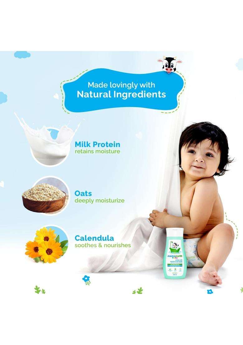 Mamaearth Milky Soft Head to Toe Wash With Oats, Milk, and Calendula for Babies 400 ml | pH 5.5 | 2-in-1 Tear-Free Body Wash & Shampoo - Indya