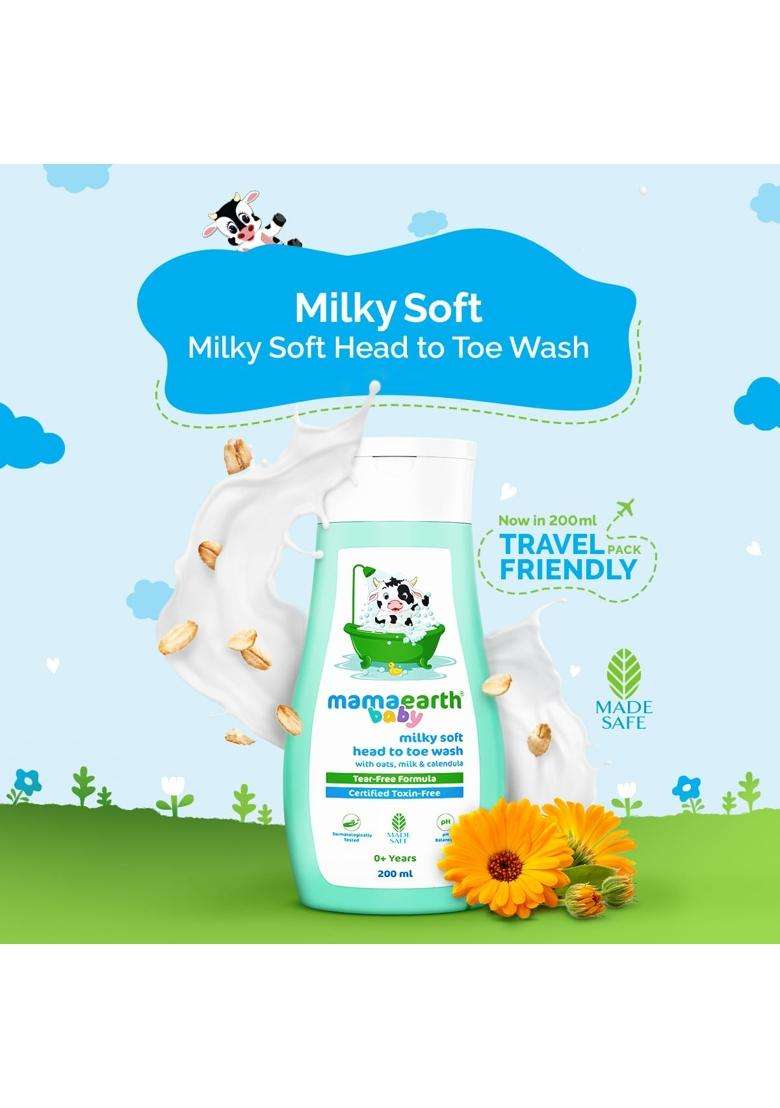 Mamaearth Milky Soft Head to Toe Wash With Oats, Milk, and Calendula for Babies- 200 ml | 2-in-1 Tear-Free Body Wash & Shampoo | Travel-friendly Pack - Indya