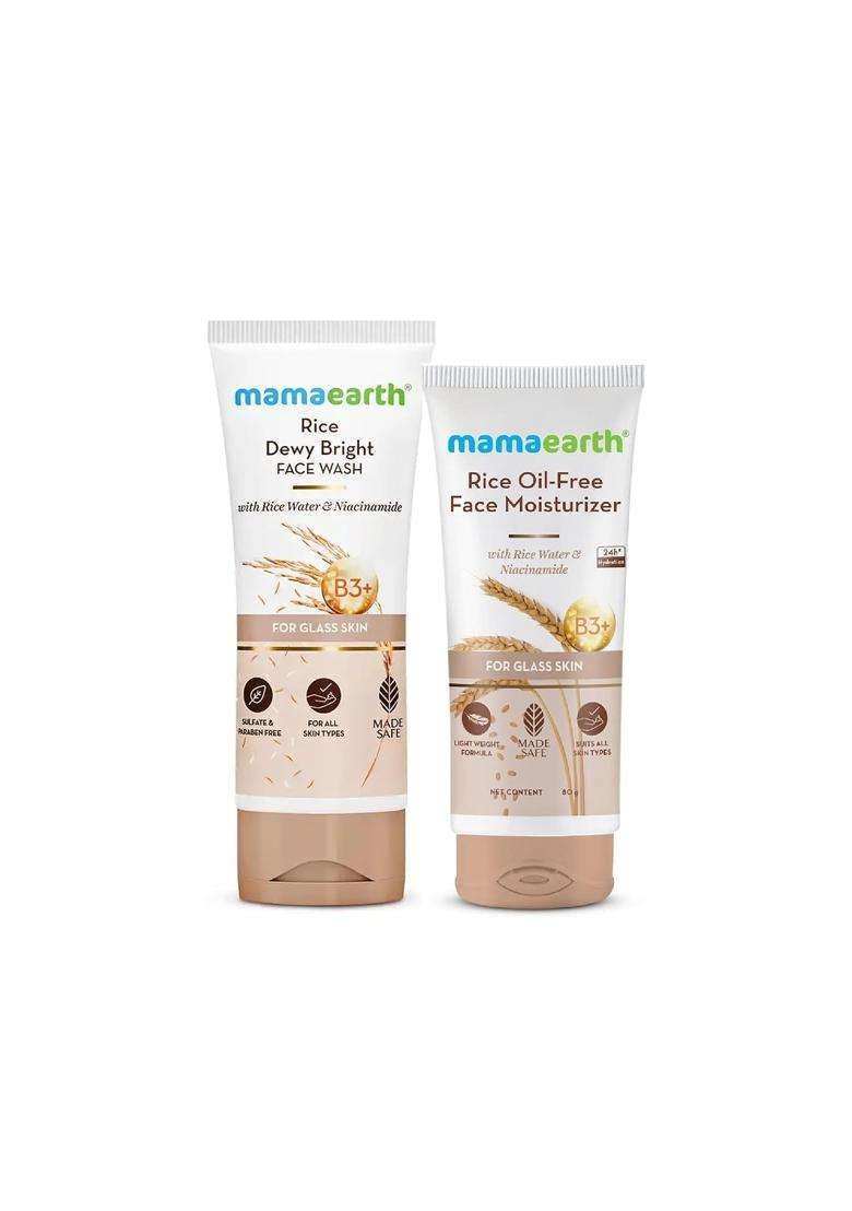 Mamaearth Korean Glass Skin Combo 100 ml | Rice Face Wash (100 ml) + Rice Oil-Free Moisturizer (80 g) | Hydrates, Brightens, & Evens Skin Tone - Indya