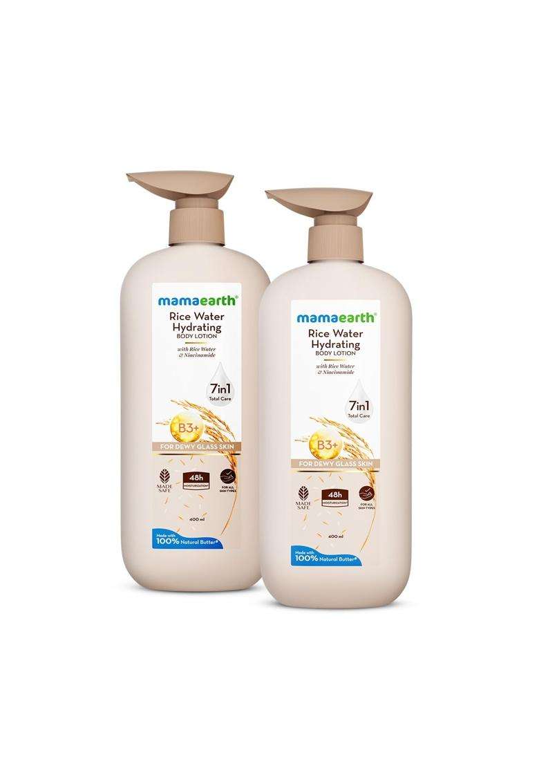 Mamaearth Rice Water Hydrating Body Lotion with Rice Water & Niacinamide for Dewy Glass Skin 400 ml (Pack of 2) | 48H Moisturization | For Dry Skin - Indya